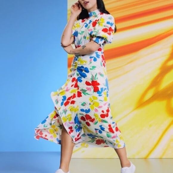 Rixo for Target NWT Colorful Floral Cascade Ruffle Mock Neck Slit Midi Dress - Picture 1 of 13
